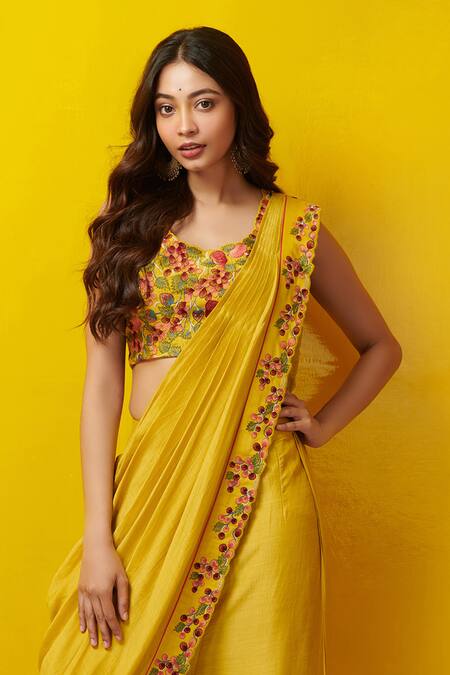 Rishi And Soujit_Yellow Cotton Silk Round Pleated Sharara Pant Saree Set _Online_at_Aza_Fashions