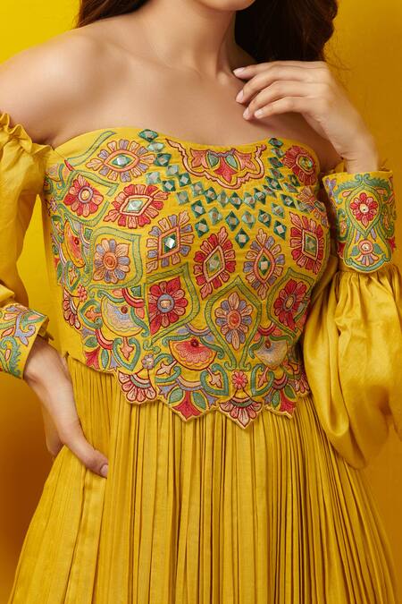 Rishi And Soujit_Yellow Cotton Silk Na Off Shoulder Flared Dress_Online_at_Aza_Fashions