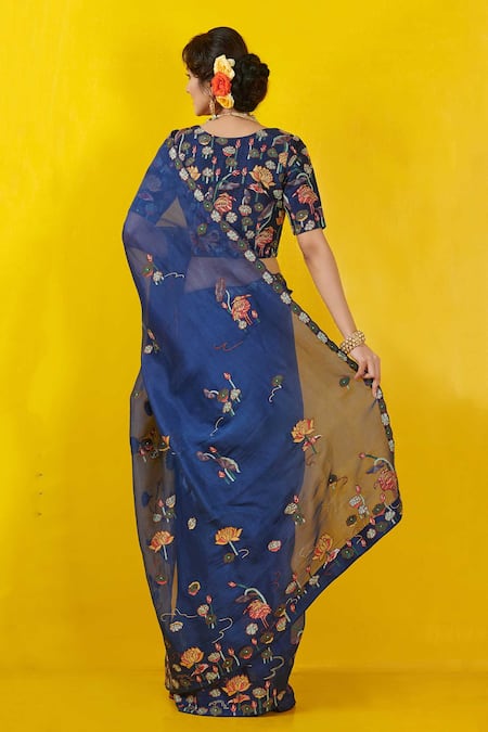 Shop_Rishi And Soujit_Blue Silk Organza Scoop Neck Embroidered Saree  _at_Aza_Fashions
