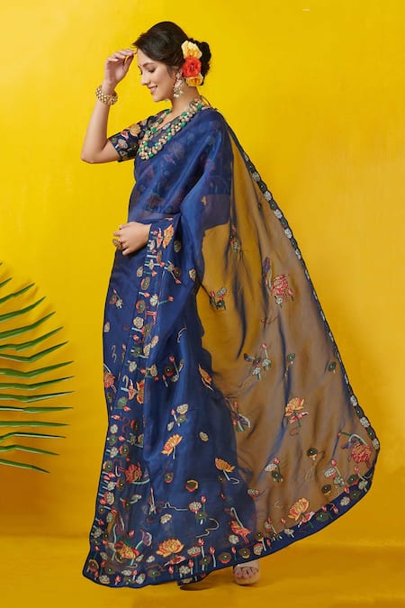 Rishi And Soujit_Blue Silk Organza Scoop Neck Embroidered Saree  _Online_at_Aza_Fashions
