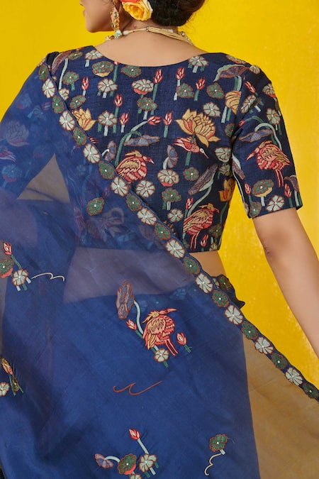 Buy_Rishi And Soujit_Blue Silk Organza Scoop Neck Embroidered Saree  _Online_at_Aza_Fashions