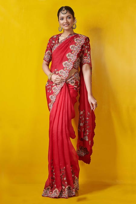 Rishi And Soujit_Red Silk Organza Scoop Neck Embroidered Saree  _Online_at_Aza_Fashions