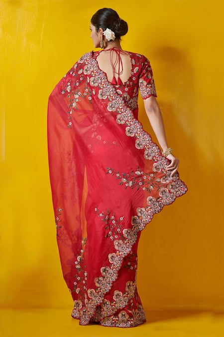 Shop_Rishi And Soujit_Red Silk Organza Scoop Neck Embroidered Saree  _at_Aza_Fashions