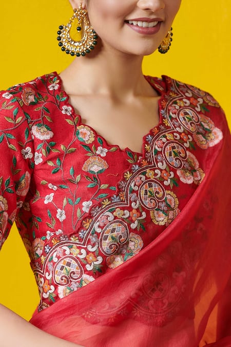 Buy_Rishi And Soujit_Red Silk Organza Scoop Neck Embroidered Saree  _Online_at_Aza_Fashions