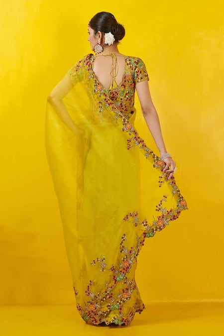 Shop_Rishi And Soujit_Yellow Silk Organza Scoop Neck Saree With Blouse  _at_Aza_Fashions