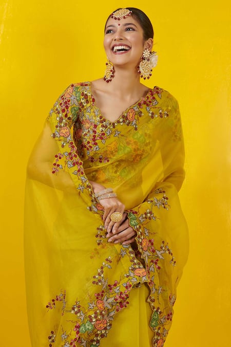 Rishi And Soujit_Yellow Silk Organza Scoop Neck Saree With Blouse  _Online_at_Aza_Fashions