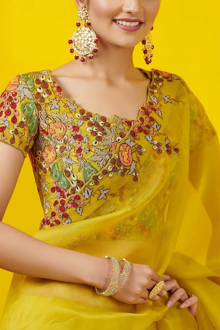 Buy_Rishi And Soujit_Yellow Silk Organza Scoop Neck Saree With Blouse  _Online_at_Aza_Fashions