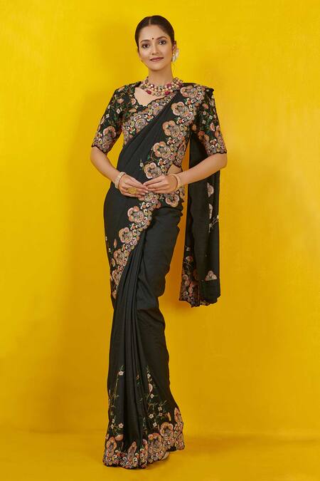 Rishi And Soujit_Black Silk Cotton Scoop Neck Embroidered Saree With Blouse _Online_at_Aza_Fashions