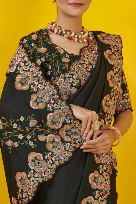 Buy_Rishi And Soujit_Black Silk Cotton Scoop Neck Embroidered Saree With Blouse _Online_at_Aza_Fashions