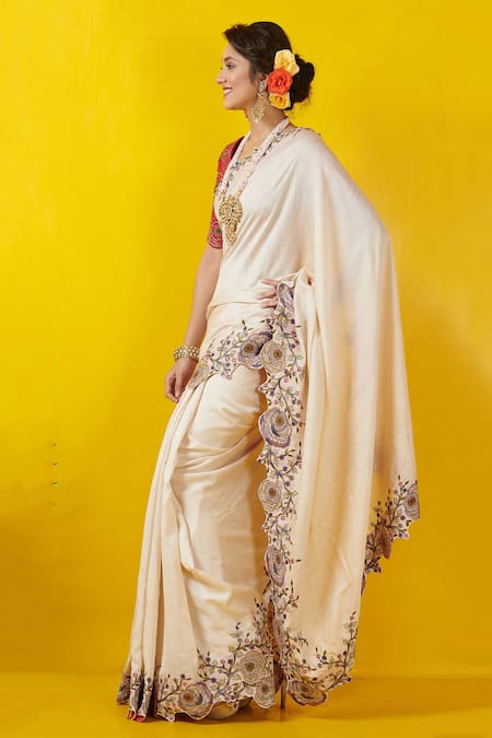 Shop_Rishi And Soujit_White Tussar Scoop Neck Embroidered Saree With Blouse _at_Aza_Fashions