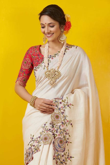 Rishi And Soujit_White Tussar Scoop Neck Embroidered Saree With Blouse _Online_at_Aza_Fashions