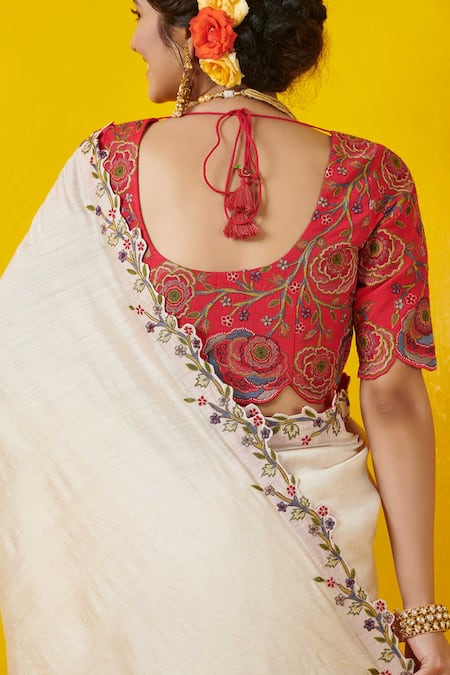 Buy_Rishi And Soujit_White Tussar Scoop Neck Embroidered Saree With Blouse _Online_at_Aza_Fashions