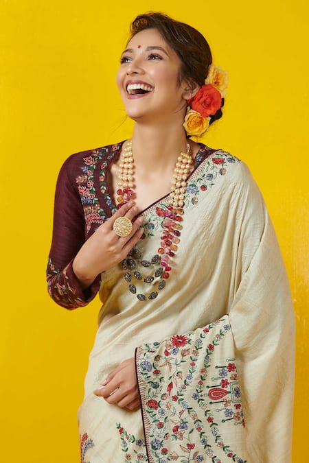 Rishi And Soujit_White Tussar Scoop Neck Embroidered Saree With Blouse _Online_at_Aza_Fashions