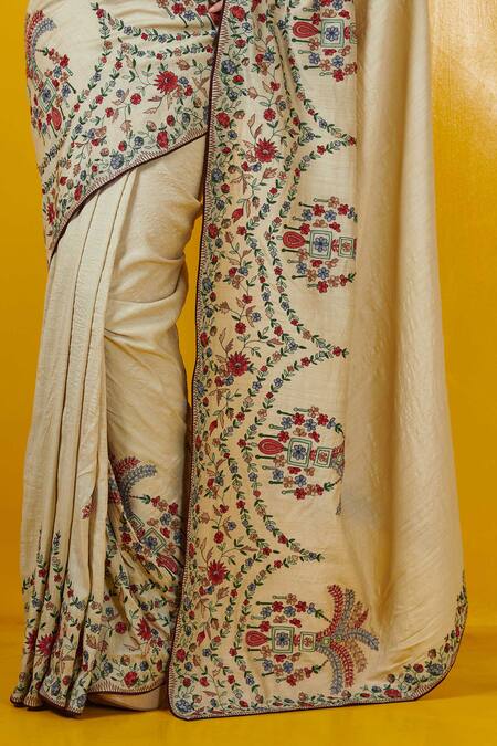 Buy_Rishi And Soujit_White Tussar Scoop Neck Embroidered Saree With Blouse _Online_at_Aza_Fashions