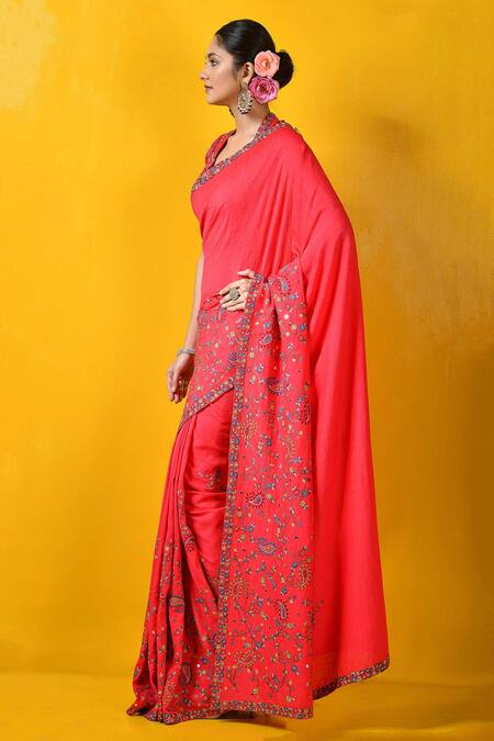 Rishi And Soujit_Pink Tussar Scoop Neck Embroidered Saree With Blouse _Online_at_Aza_Fashions