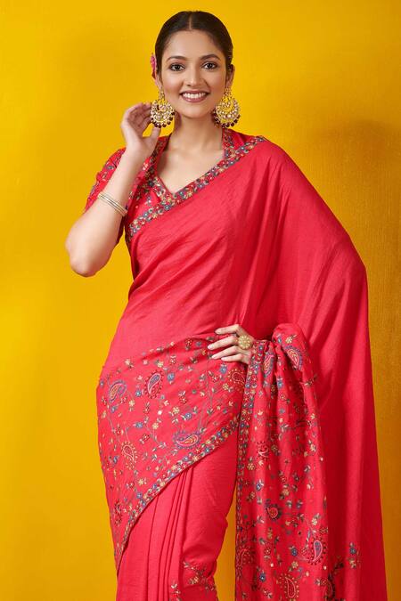 Buy_Rishi And Soujit_Pink Tussar Scoop Neck Embroidered Saree With Blouse _Online_at_Aza_Fashions
