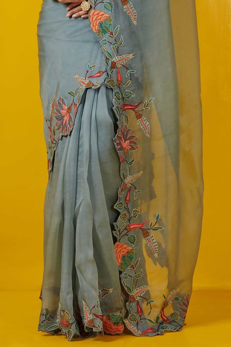 Buy_Rishi And Soujit_Blue Silk Organza Round Embroidered Saree _Online_at_Aza_Fashions