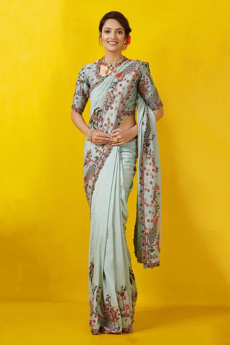 Rishi And Soujit_Blue Tussar Round Embroidered Saree With Blouse _Online_at_Aza_Fashions