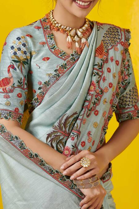 Buy_Rishi And Soujit_Blue Tussar Round Embroidered Saree With Blouse _Online_at_Aza_Fashions