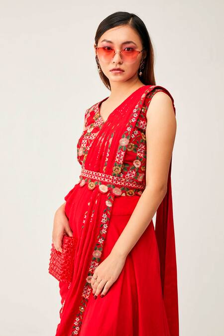 Rishi And Soujit Red Silk Cotton Floral V Neck Pre-pleated Pant Saree With Blouse Online at Aza Fashions Rishi And Soujit_Red Silk Cotton Floral V Neck Pre-pleated Pant Saree With Blouse_Online_at_Aza_Fashions