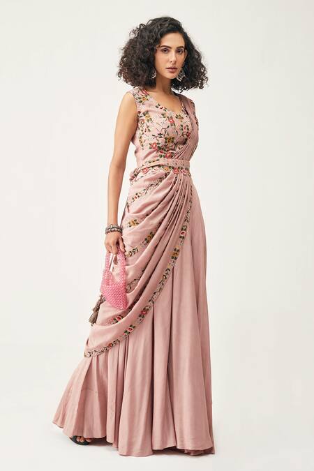 Rishi And Soujit_Pink Silk Cotton Floral V Neck Pre-pleated Pant Saree With Blouse_Online_at_Aza_Fashions