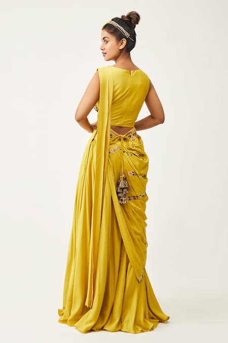 Shop_Rishi And Soujit_Yellow Silk Cotton Floral Pre-pleated Pant Saree With Blouse _at_Aza_Fashions