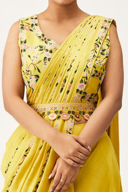 Rishi And Soujit_Yellow Silk Cotton Floral Pre-pleated Pant Saree With Blouse _Online_at_Aza_Fashions
