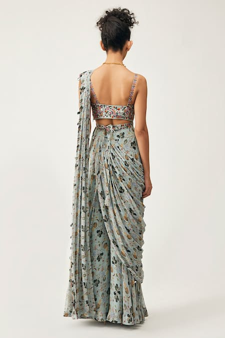 Shop_Rishi And Soujit_Blue Georgette Print, Silk Cotton Floral Sweetheart Pre-pleated Pant Saree Set _at_Aza_Fashions