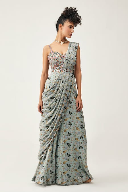 Rishi And Soujit_Blue Georgette Print, Silk Cotton Floral Sweetheart Pre-pleated Pant Saree Set _Online_at_Aza_Fashions