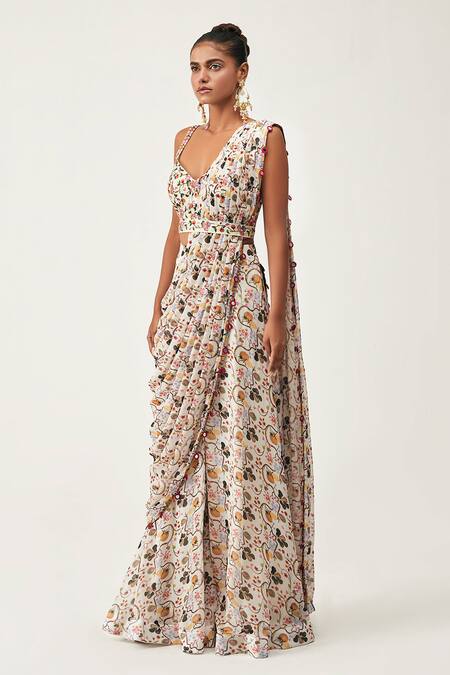 Buy_Rishi And Soujit_White Georgette Print, Silk Cotton Floral Sweetheart Pre-pleated Pant Saree Set _Online_at_Aza_Fashions