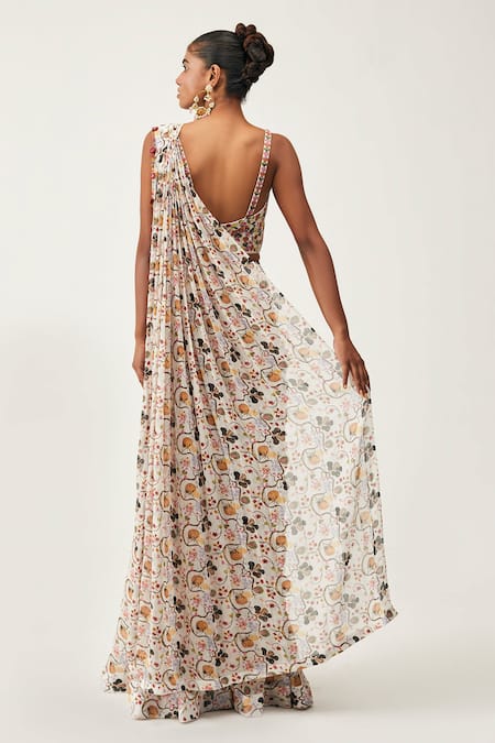 Shop_Rishi And Soujit_White Georgette Print, Silk Cotton Floral Sweetheart Pre-pleated Pant Saree Set _at_Aza_Fashions