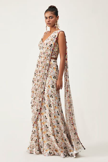 Rishi And Soujit_White Georgette Print, Silk Cotton Floral Sweetheart Pre-pleated Pant Saree Set _Online_at_Aza_Fashions