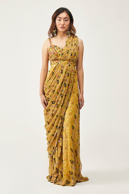 Rishi and Soujit Yellow Silk Cotton Embroidered Pre-pleated Printed Pant Saree Set 