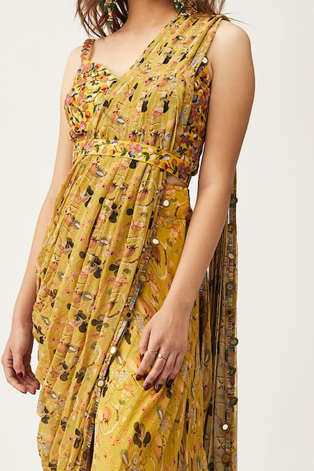 Buy_Rishi And Soujit_Yellow Georgette Print, Silk Cotton Floral Pre-pleated Pant Saree Set_Online_at_Aza_Fashions