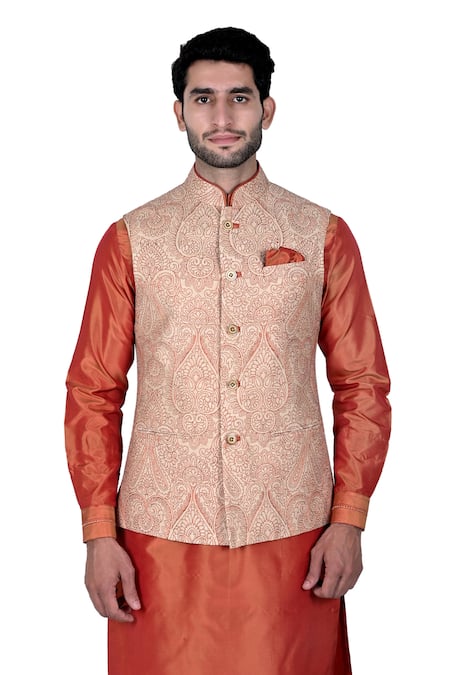 Rohit Kamra Jaipur_Beige Silk Brocade Nehru Jacket  _Online_at_Aza_Fashions