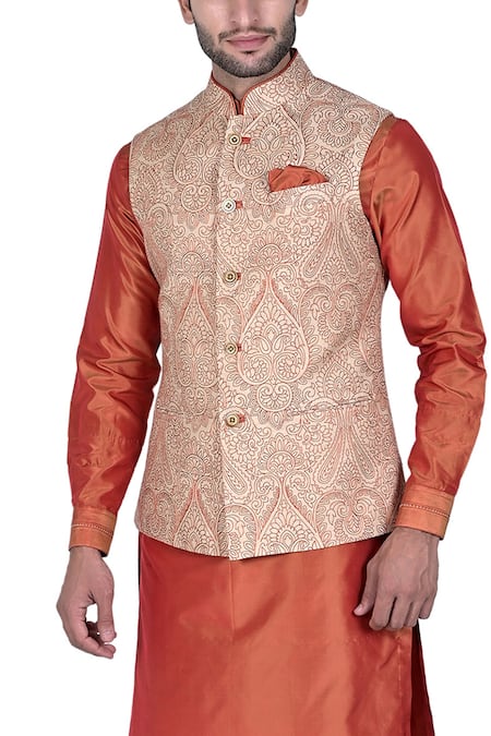 Buy_Rohit Kamra Jaipur_Beige Silk Brocade Nehru Jacket  _Online_at_Aza_Fashions