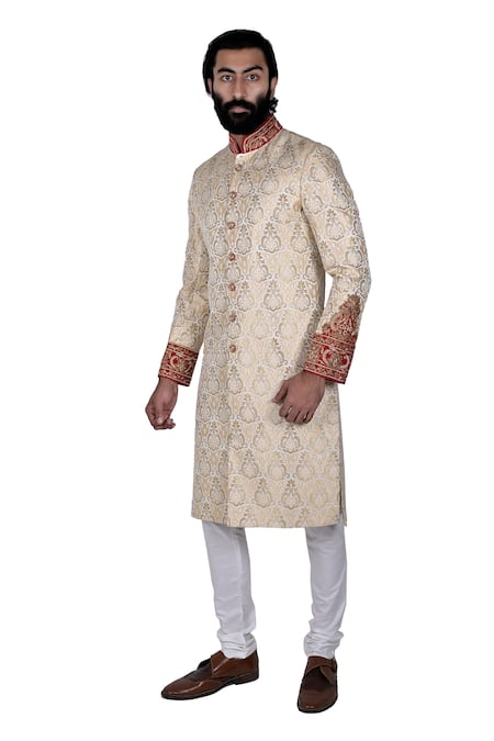 Shop Rohit Kamra Jaipur Beige Silk Brocade Sherwani Set at Aza Fashions Shop_Rohit Kamra Jaipur_Beige Silk Brocade Sherwani Set _at_Aza_Fashions