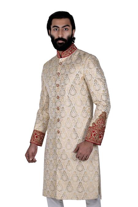Rohit Kamra Jaipur Beige Silk Brocade Sherwani Set Online at Aza Fashions Rohit Kamra Jaipur_Beige Silk Brocade Sherwani Set _Online_at_Aza_Fashions