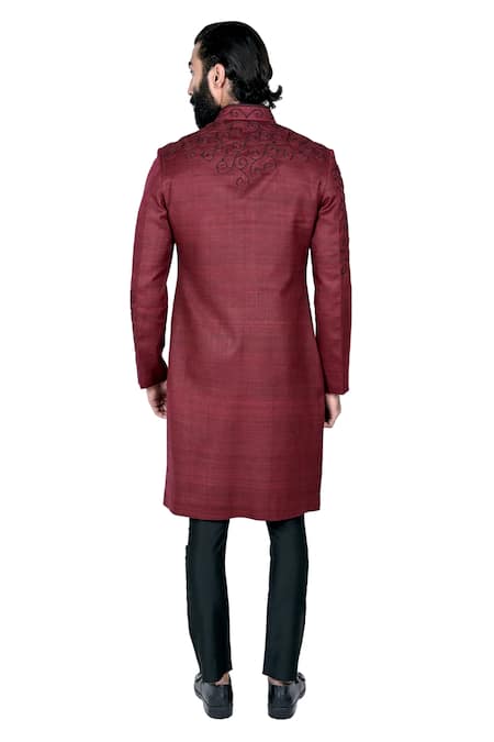 Shop Rohit Kamra Jaipur Maroon Matka Silk Embroidered Bandhgala Set at Aza Fashions Shop_Rohit Kamra Jaipur_Maroon Matka Silk Embroidered Bandhgala Set _at_Aza_Fashions
