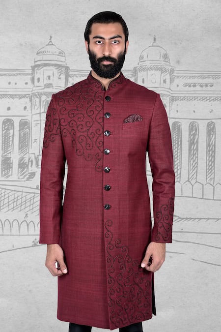 Buy Rohit Kamra Jaipur Maroon Matka Silk Embroidered Bandhgala Set Online at Aza Fashions Buy_Rohit Kamra Jaipur_Maroon Matka Silk Embroidered Bandhgala Set _Online_at_Aza_Fashions