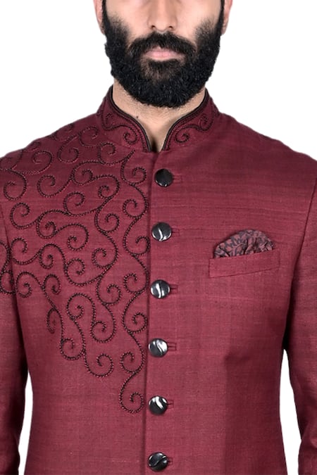 Shop Rohit Kamra Jaipur Maroon Matka Silk Embroidered Bandhgala Set Online at Aza Fashions Shop_Rohit Kamra Jaipur_Maroon Matka Silk Embroidered Bandhgala Set _Online_at_Aza_Fashions