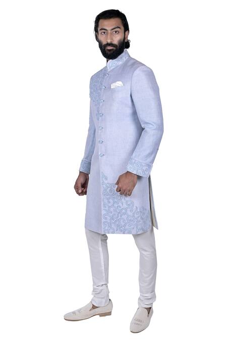 Rohit Kamra Jaipur_Blue Matka Silk Embroidered Bandhgala Set_Online_at_Aza_Fashions