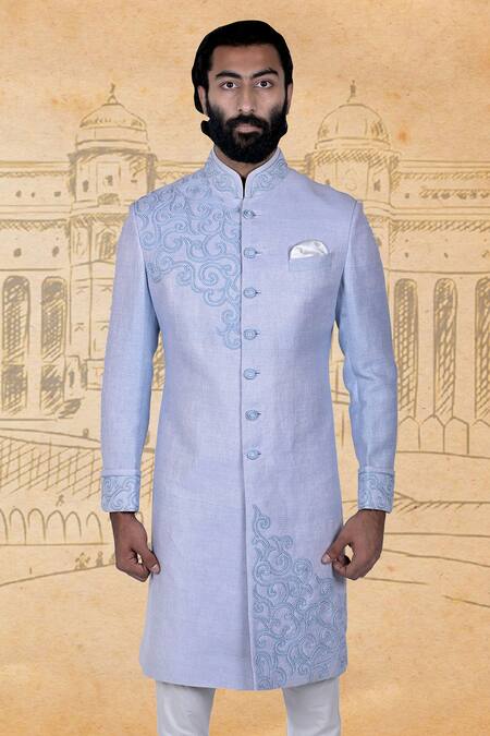 Buy_Rohit Kamra Jaipur_Blue Matka Silk Embroidered Bandhgala Set_Online_at_Aza_Fashions