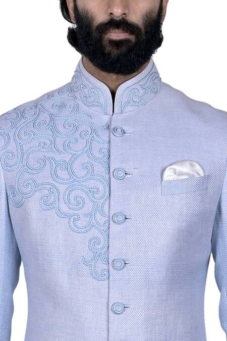 Shop_Rohit Kamra Jaipur_Blue Matka Silk Embroidered Bandhgala Set_Online_at_Aza_Fashions