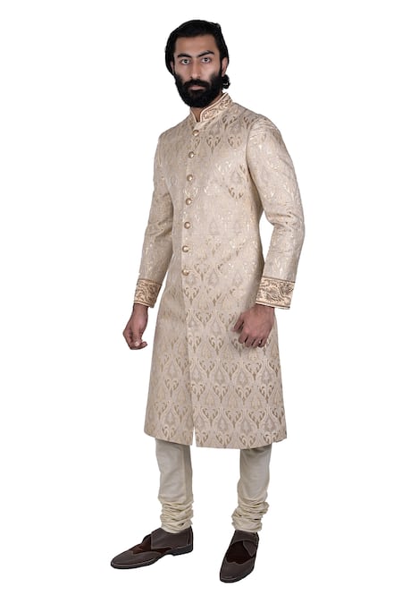 Shop Rohit Kamra Jaipur White Silk Brocade Sherwani Set at Aza Fashions Shop_Rohit Kamra Jaipur_White Silk Brocade Sherwani Set _at_Aza_Fashions