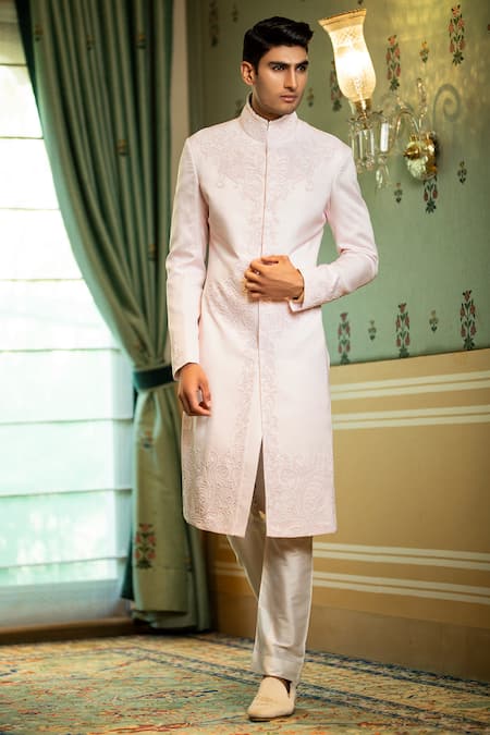 Shop Rohit Kamra Jaipur Pink Linen Silk Embroidered Sherwani at Aza Fashions Shop_Rohit Kamra Jaipur_Pink Linen Silk Embroidered Sherwani _at_Aza_Fashions