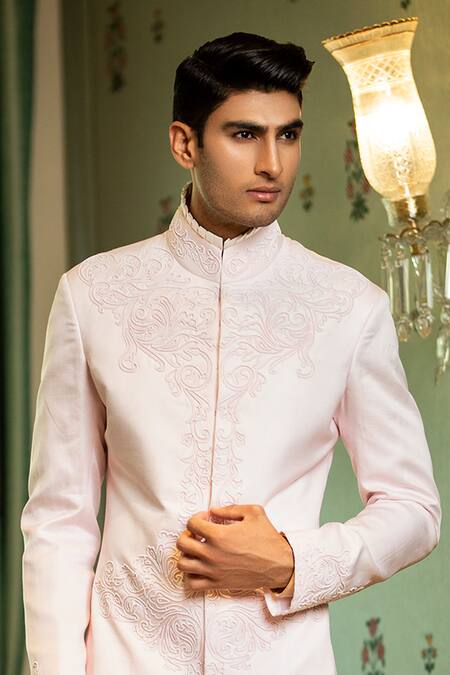 Rohit Kamra Jaipur Pink Linen Silk Embroidered Sherwani Online at Aza Fashions Rohit Kamra Jaipur_Pink Linen Silk Embroidered Sherwani _Online_at_Aza_Fashions