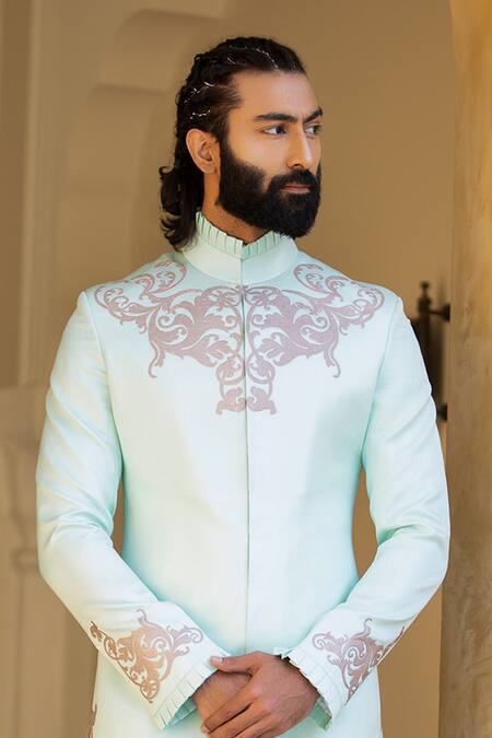 Rohit Kamra Jaipur Blue Linen Silk Printed Sherwani Online at Aza Fashions Rohit Kamra Jaipur_Blue Linen Silk Printed Sherwani _Online_at_Aza_Fashions