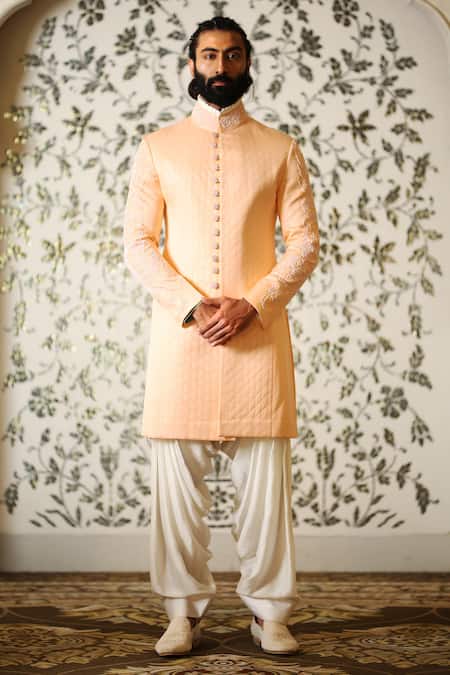 Shop Rohit Kamra Jaipur Peach Linen Silk Quilted Sherwani at Aza Fashions Shop_Rohit Kamra Jaipur_Peach Linen Silk Quilted Sherwani _at_Aza_Fashions