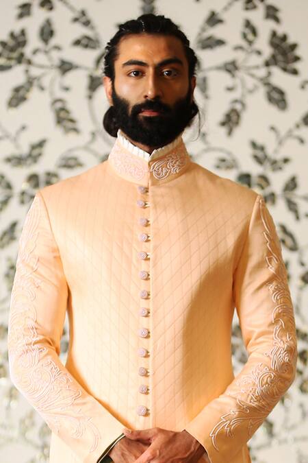 Rohit Kamra Jaipur Peach Linen Silk Quilted Sherwani Online at Aza Fashions Rohit Kamra Jaipur_Peach Linen Silk Quilted Sherwani _Online_at_Aza_Fashions